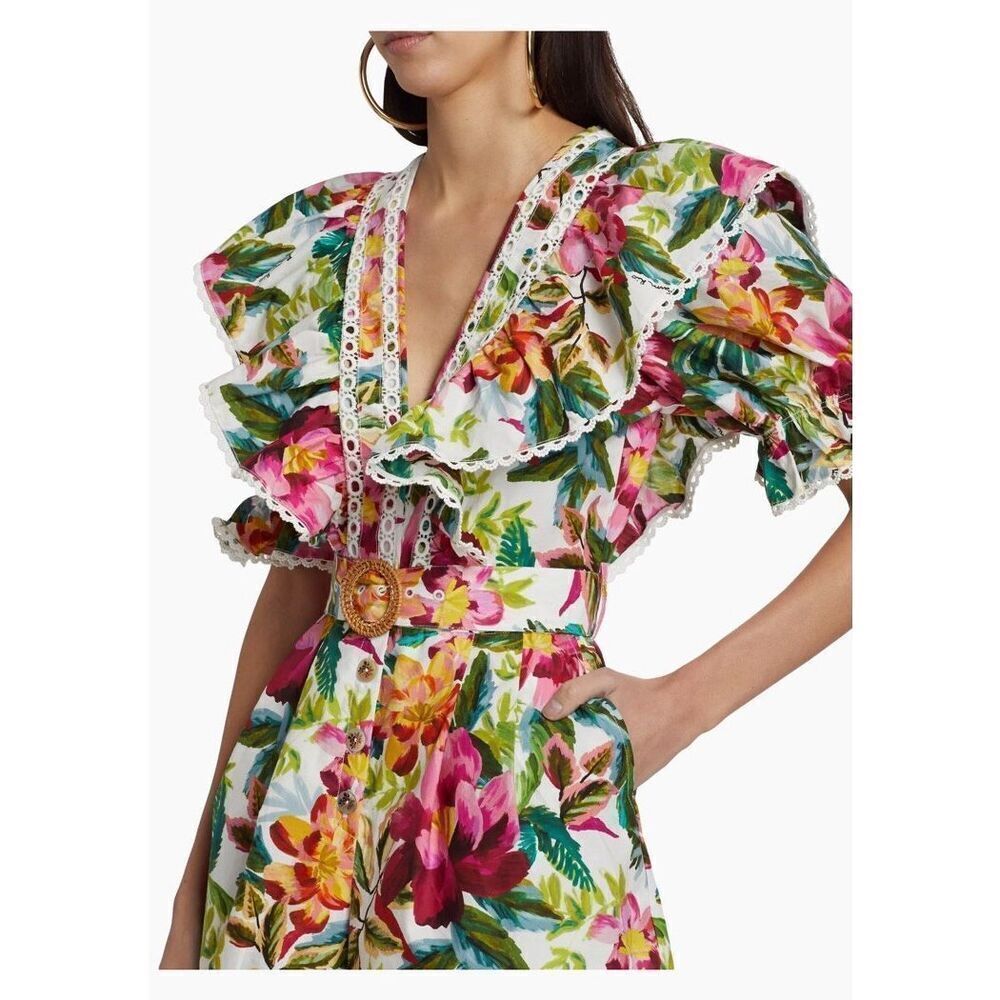 Farm Rio Women's Multicolor Floral Ruffle Belted V-Neck Romper Shorts Large NWOT